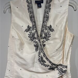 Vintage Ann Taylor Ivory and Black Embroidered Silk Blouse Size 8